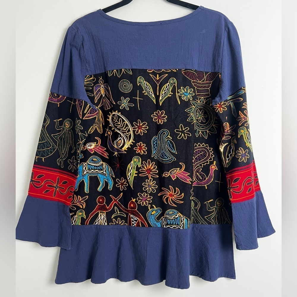 NEW Oneine New Elegance Blue Egyptian Print‎ Artsy Boho 100% Cotton Blouse Top L - Picture 2 of 9